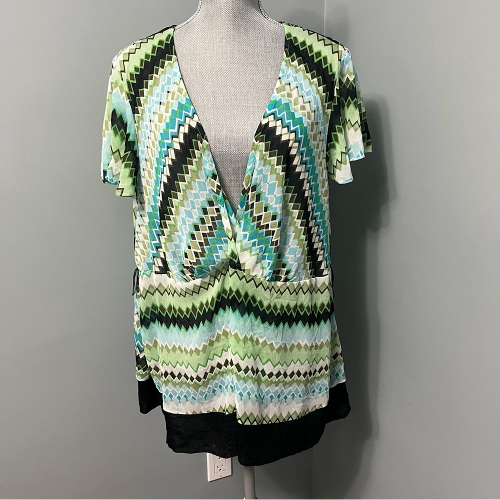 Lane Bryant Green and Blue semi sheer V-Neck top size 26 / 28